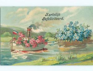 Pre-Linen patriotic foreign NETHERLANDS FLAG ON BOAT FULL OF ROSE FLOWERS J4616