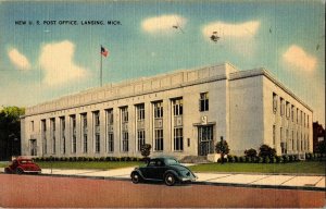 New US Post Office Lansing Michigan MI Vintage Linen Postcard Flag Old Car WOB 