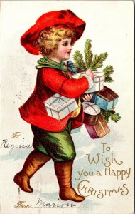 Christmas Postcard Little Boy Dressed in Red and Green Carrying Packages Gifts