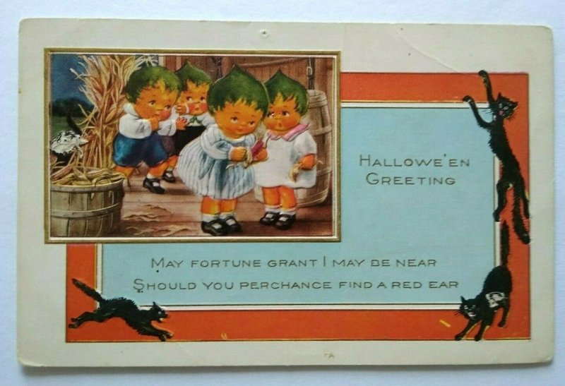 Fantasy Halloween Postcard Whitney Pixies Green Haired Children Black Cats Rare 