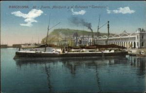 Barcelona Spain Port & Ship Montjuich y el Canonero Temerario c1910 Postcard
