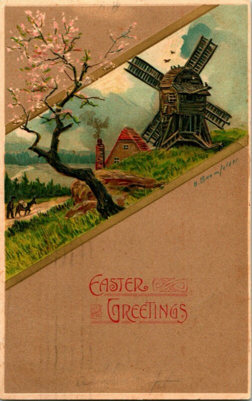 1908 Postkarte Künstler Unterzeichnet Ein Bramfelder Easter Grüße Alt Windmill