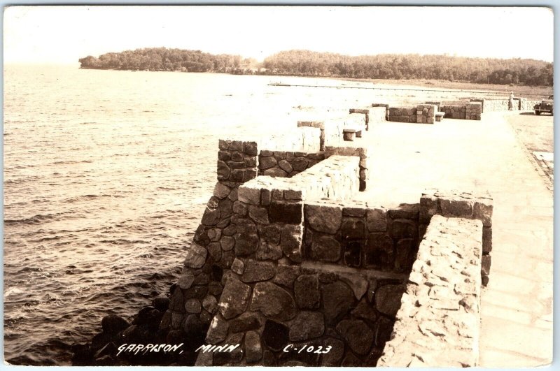 c1940s Garrison, MN RPPC Bay Concourse Real Photo Mille Lacs Lake Stone Wall A97