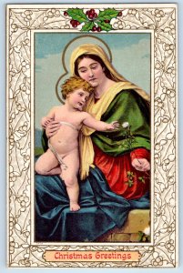 Christmas Greetings Mary And Baby Jesus Religious Embossed Antique Postcard