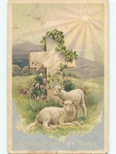 Pre-Linen easter religious STARLIGHT SHINES ON BABY LAMBS BY JESUS CROSS W7373