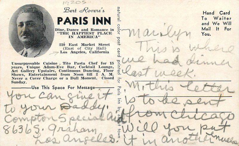 Los Angeles California Paris Inn Rovere's 1920s Postcard interior 12777