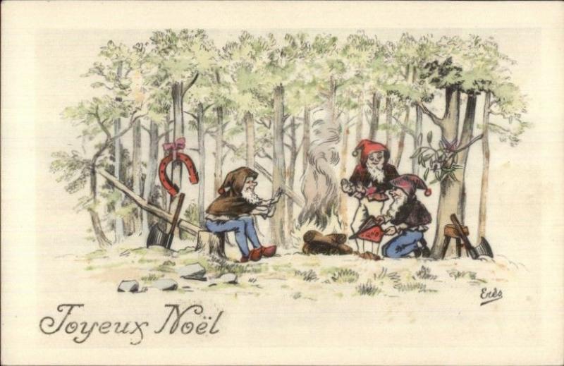 French Christmas - Fantasy Elves Gnomes in Woods ERES c1915 Postcard EXC COND 