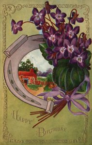 Vintage Postcard 1910's Happy Birthday Greetings Horse Shoe Countryside Flowers