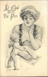 Valentine Fantasy Cupid Guides Woman's Hand Pencil Sketch c1915 Postcard