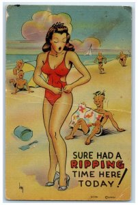 c1950's Man Peeping Sexy Woman Fixing Swimsuit Beach Scene Vintage Postcard