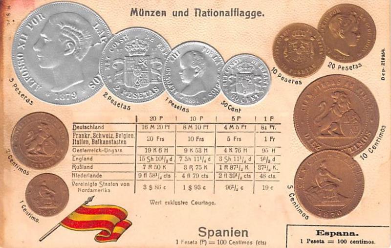 Espana, Spain Coin  yellowing from age, small ripples in paper