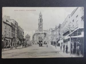 Essex COLCHESTER High Street showing TRAM & CLOCK TOWER c1906 Old Postcard