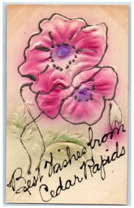 c1910 Best Wishes from Cedar Rapids Iowa IA Flower Airbrush Embossed Postcard