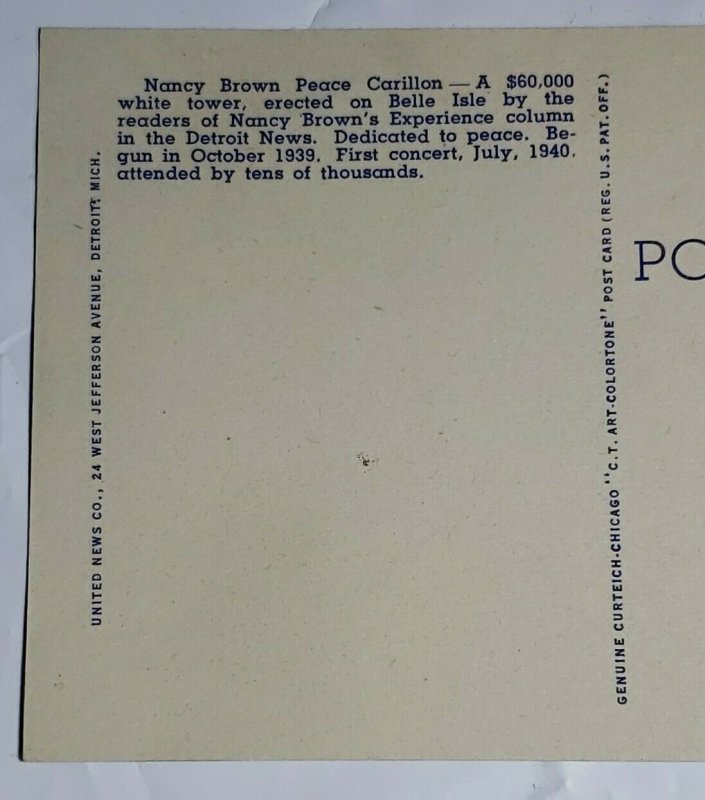 Vintage Postcard Nancy Brown Peace Carillon Belle Isle Michigan Detroit Linen