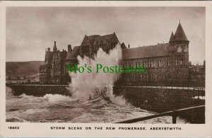 Wales Postcard - Storm Scene on The New Promenade, Aberystwyth    RS26430