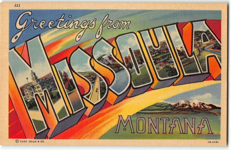 MISSOULA, MONTANA Large Letter Linen Postcard Curt Teich, University Clock Tower