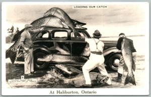 HALIBURTON ONT. CANADA FISHING EXAGGERATED VINTAGE REAL PHOTO POSTCARD RPPC