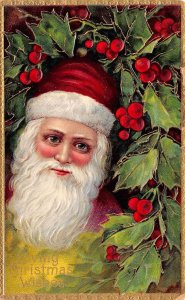Loving Christmas Wishes Santa With Holly, Vintage Postcard U22085