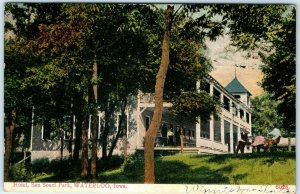 1907 Waterloo, IA San Souci Hotel Park Litho Photo Postcard Picnic People A34