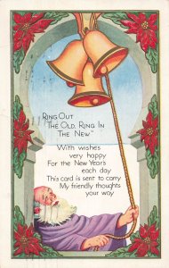 Vintage 1936 New Years Postcard with Bells & Santa Illustration