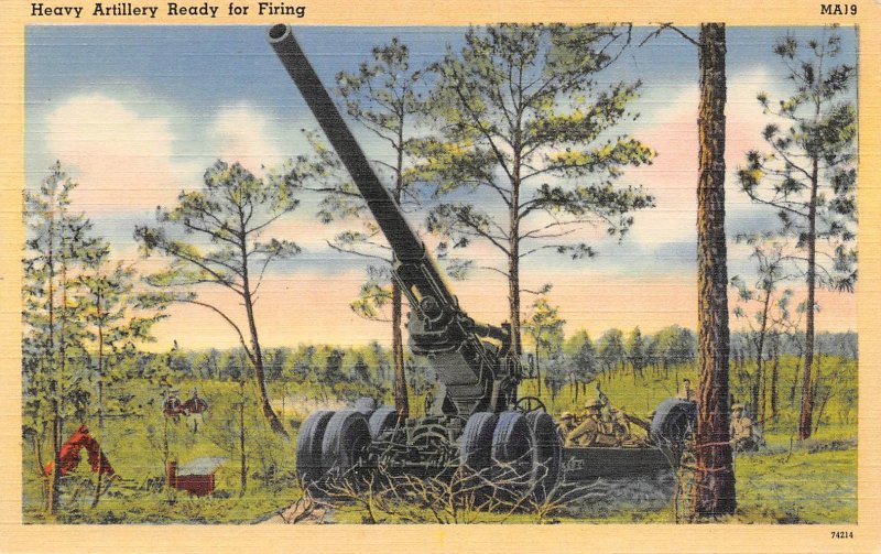 Heavy Artillery Gun Ready for Firing US Army WWII era postcard