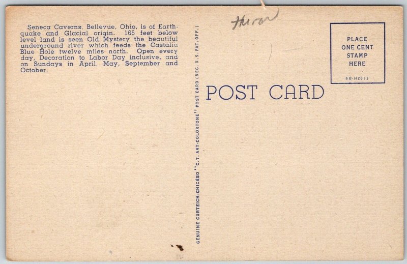 Bellevue Ohio 1940s Postcard Old Mystery River Seneca Caverns