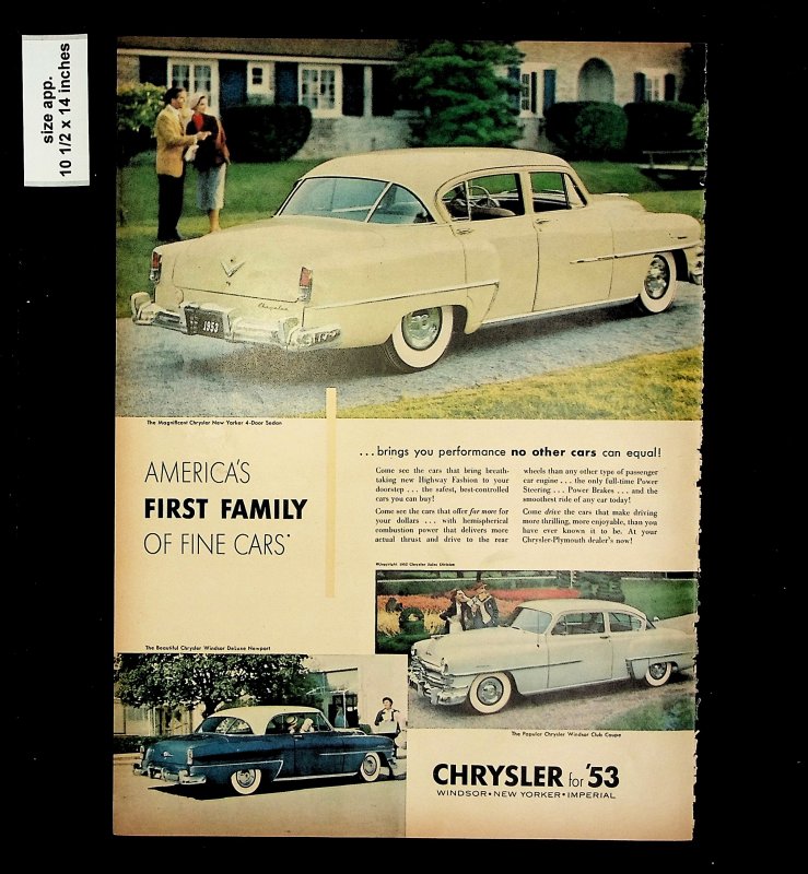 1953 Chrysler America's First Family Fine Cars Vintage Print Ad 015745