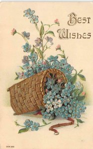 Greetings  BEST WISHES  Basket Of Blue Flowers   c1910's Embossed Postcard