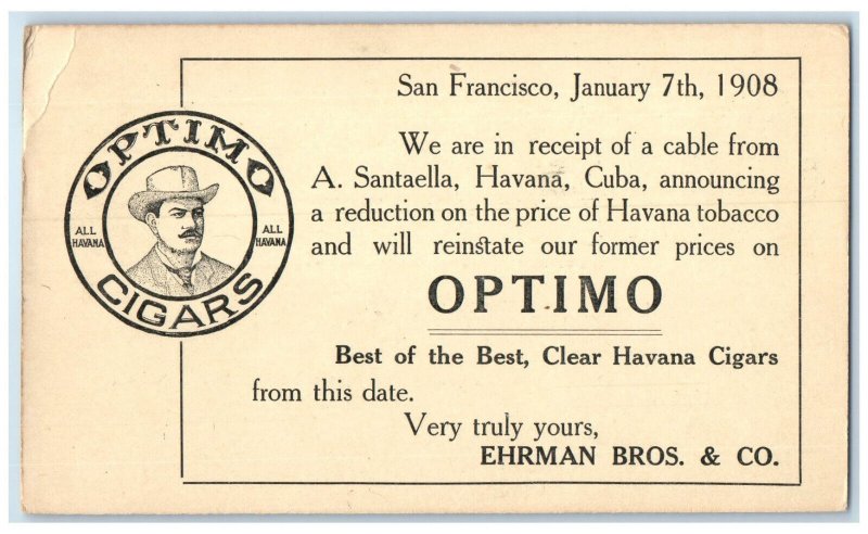 1908 Optimo Cigars Tobacco Price Reduction San Francisco California CA Postcard