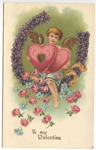 To My Valentine Cupid Hearts Wreath Embossed Postcard