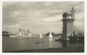 Sailing & navigation themed postcard Kiel lighthouse sailing vessel warship