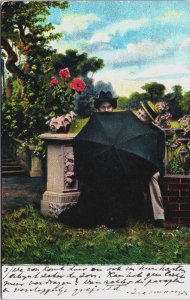 Romantic Couple In Love Behind Umbrella Vintage Postcard C140