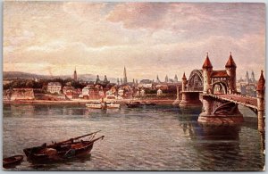 Bonn Germany Rhine River Boats Overlooking the Buildings Hand Colored Postcard