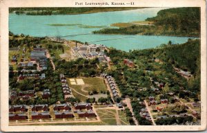 Postcard Kansas Fort Leavenworth Aerial View Missouri River Barracks 1930s V65