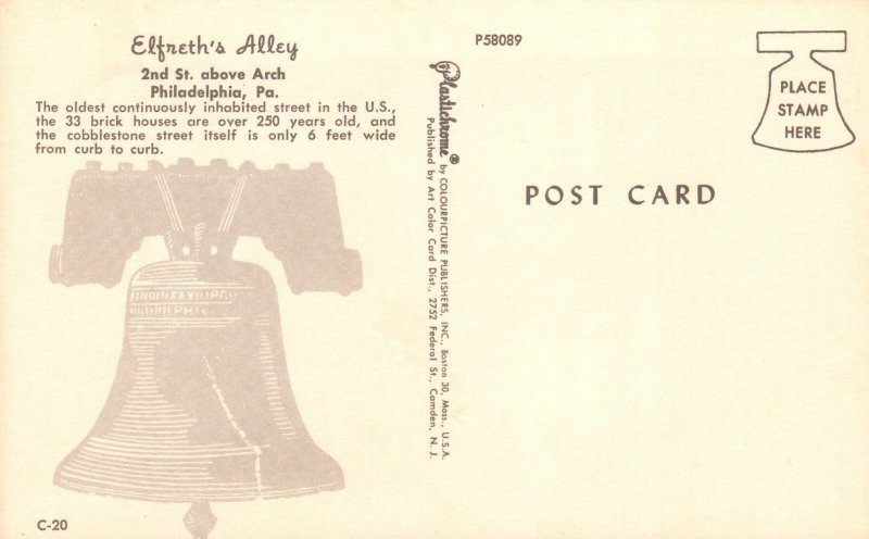 Vintage Postcard Elfreth's Alley Oldest Inhabited St. Philadelphia Pennsylvania