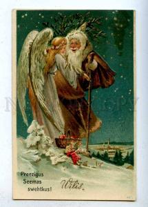 202802 SANTA CLAUS & Winged ANGEL Vintage EMBOSSED NEW YEAR PC