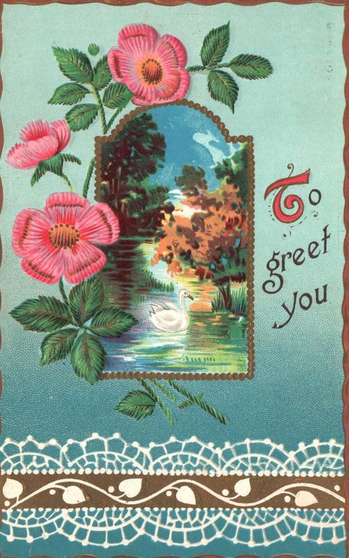 Vintage Postcard Greetings Flower Design With Landscape Design On Background