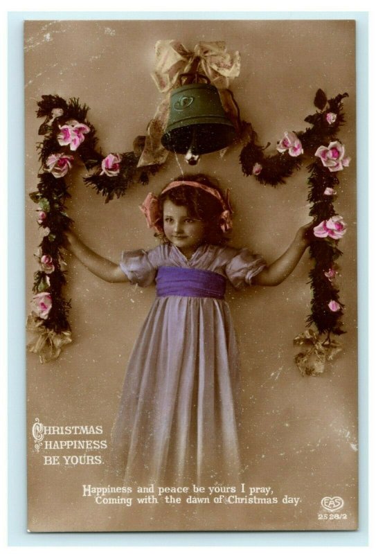 Christmas Girl Bell EAS Hand Painted Glossy RPPC 1912 Antique Postcard 