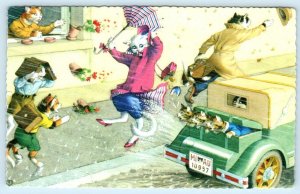 MAINZER DRESSED CATS Anthropomorphic RAIN STORM Splashed  #4706 Spain Postcard