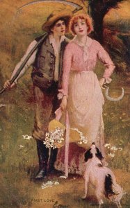 Vintage Postcard 1906 First Love Sweet Couple Lovers with Puppy Dog Romance Art