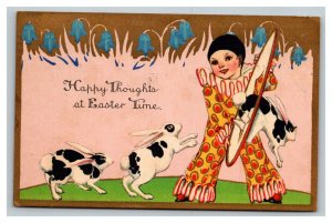 Vintage 1932 Easter Postcard Cute Bunnies Jumping Clown Holds Circus Hoop NICE