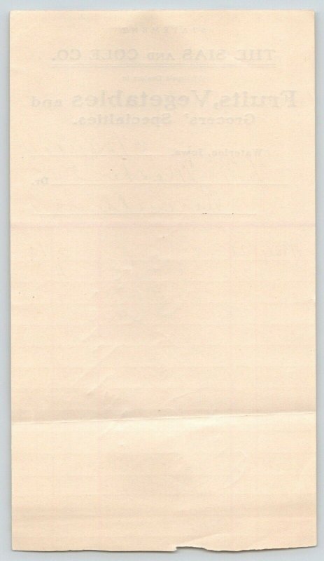 Waterloo IA~Paper Statement~Sias=Cole Fruits & Vegetables~Mosher Riceville 1901 