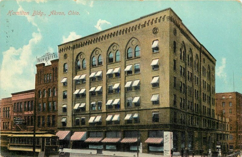 Vintage Postcard; Akron OH Hamilton Building & Trolley, Posted 1909