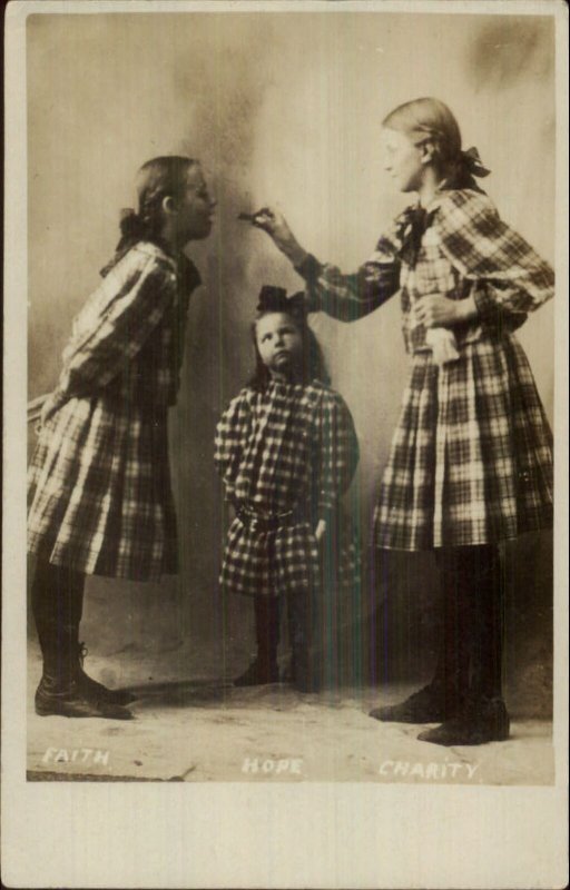 Studio Sisters Hair in Bows Dresses FAITH HOPE CHARITY Sharing Food c1905 RPPC