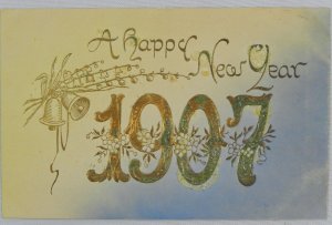 Two Bells with a Blue Gradient - A Happy New Year 1907  - Vintage Postcard