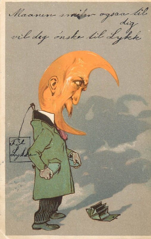 Moon head man face comic caricature wallet 1909 Denmark postcard