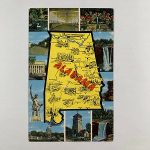 Postcard Alabama AL State Map Landmarks Carttoon 1940s Linen Unposted