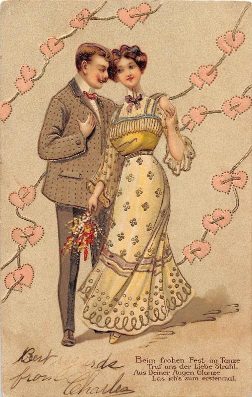 <A7> VALENTINE'S DAY? Love Holiday Postcard c1910 Man Woman Gold-Lined Hearts 39