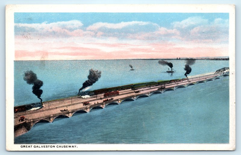 TX Texas Great Galveston Causeway Railroad Train Postcard