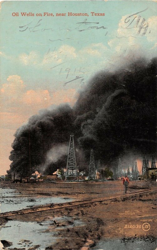 G22/ Houston Texas Postcard c1910 Oil Well Fire Disaster Derricks